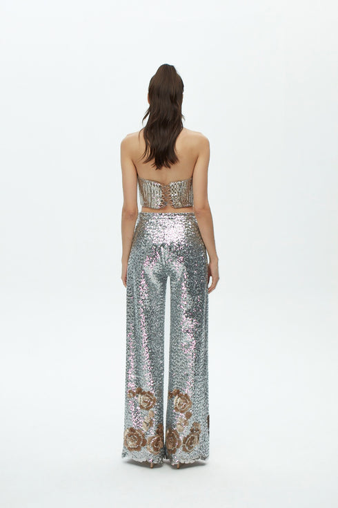 SILVER SEQUIN HIGH WAIST WIDE LEG TROUSERS